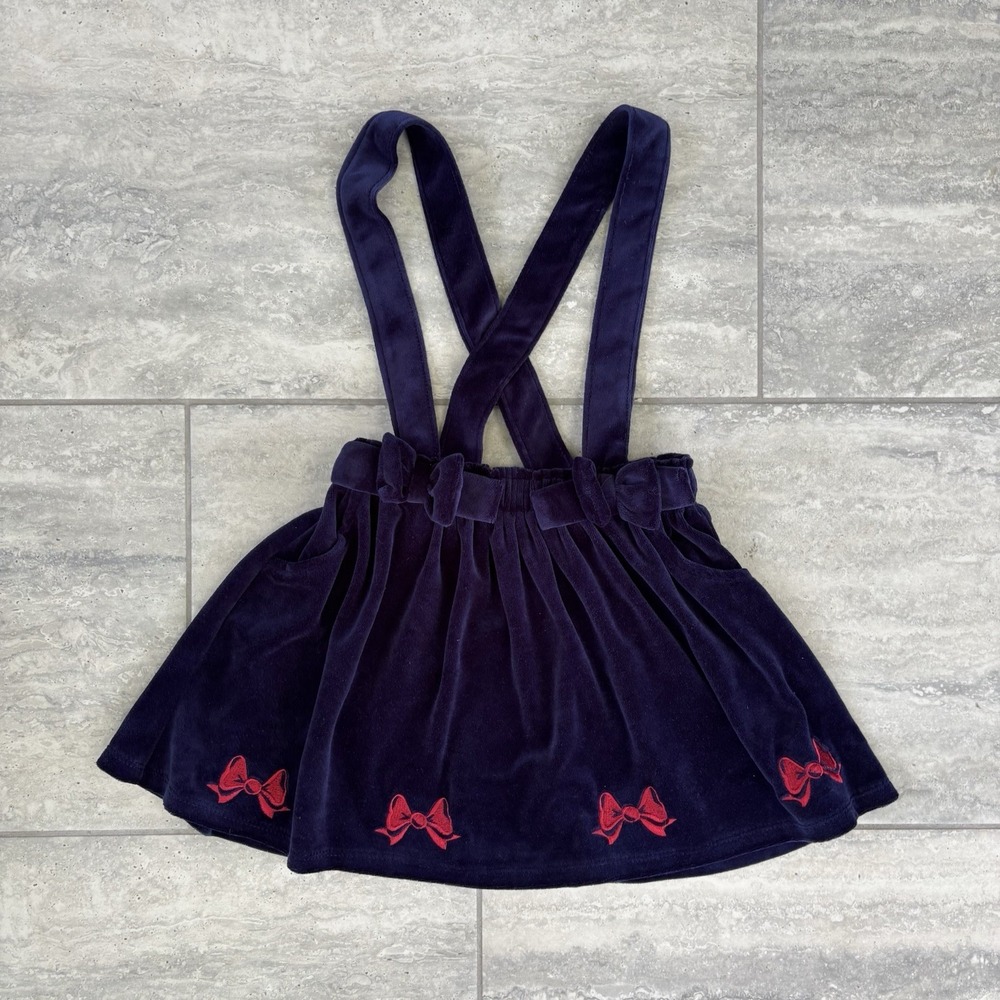 Disney Minnie Mouse Velvet Navy Skirt  Suspenders Red Embroidery‎ Bows 5T